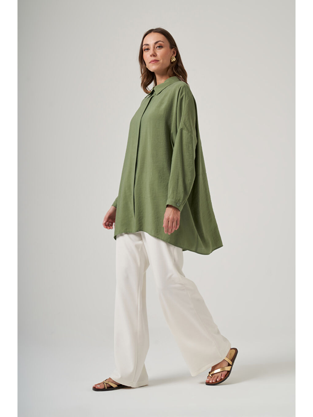 Yeşil Oversize Basic Yazlık Gömlek 3001 Sarmaşık-1