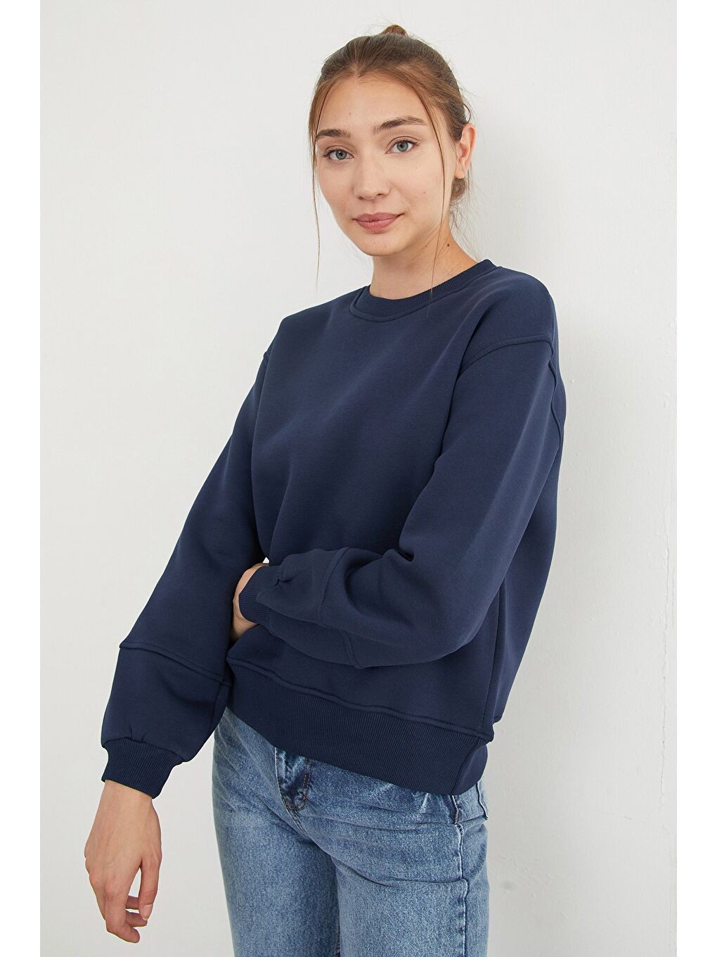 Lacivert 3 İplik Basic Bisiklet Yaka Sweatshirt-3