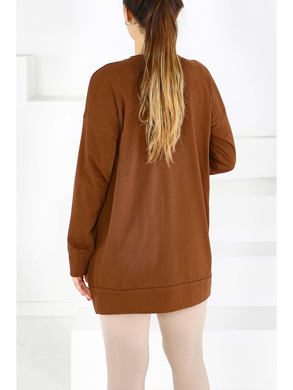 Kahverengi Uzun Kollu Baskılı Süprem Tunik Kahve - 27589-3