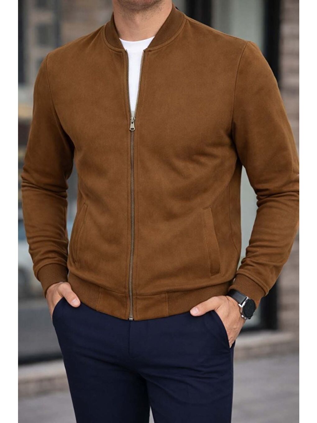 Kahverengi Erkek önden Fermuarlı Içi Astarlı Süet Ceket-3