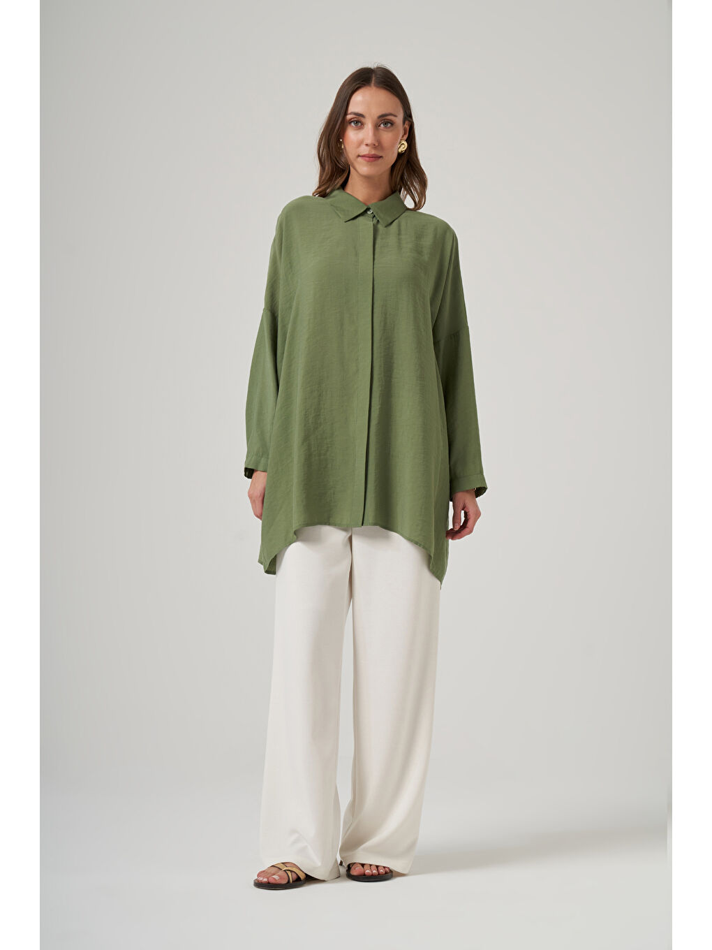 Yeşil Oversize Basic Yazlık Gömlek 3001 Sarmaşık-3