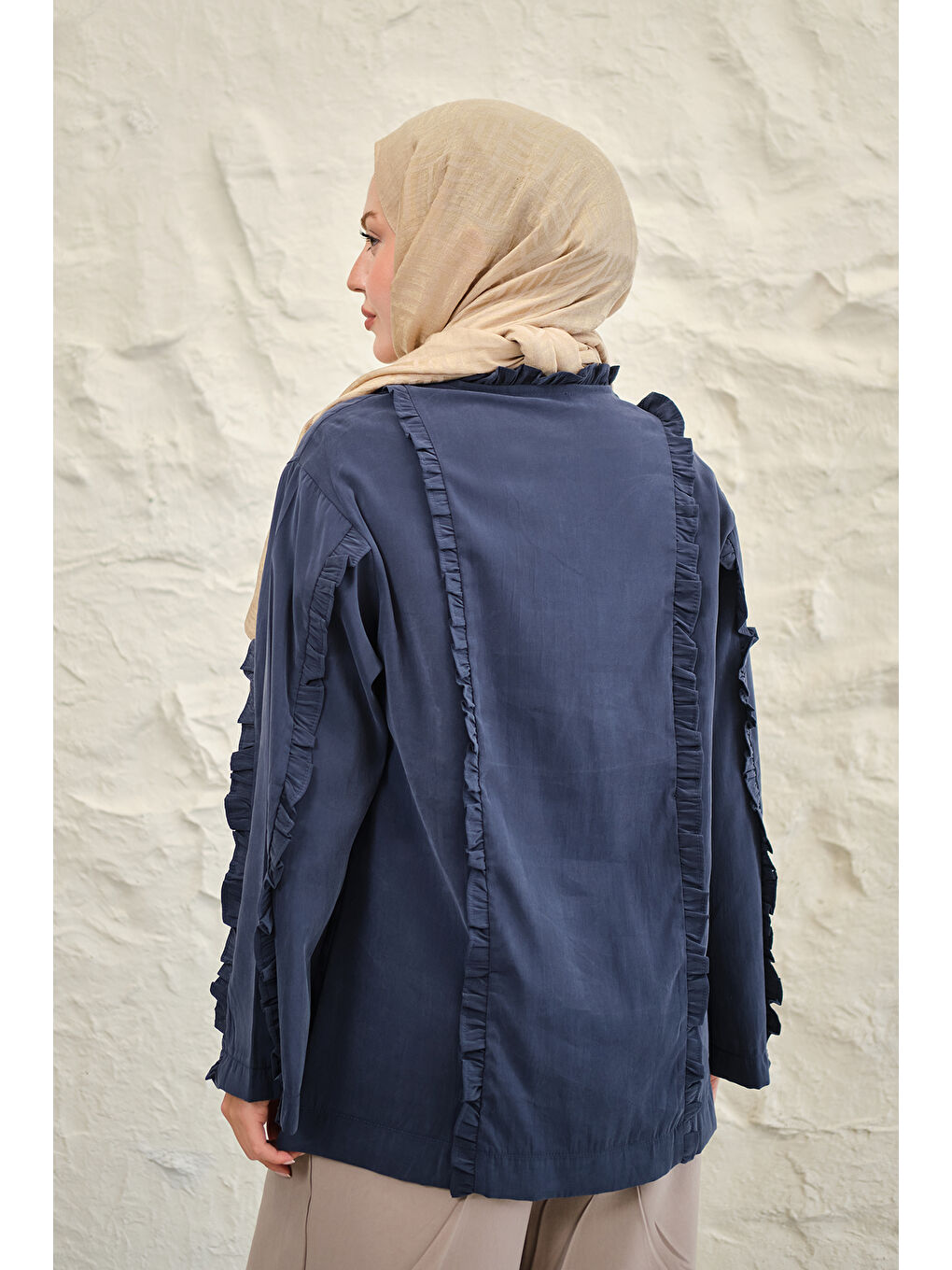 Kadın Büzgü Detay Önden Bağlamalı Detaylı Kimono Lacivert-4