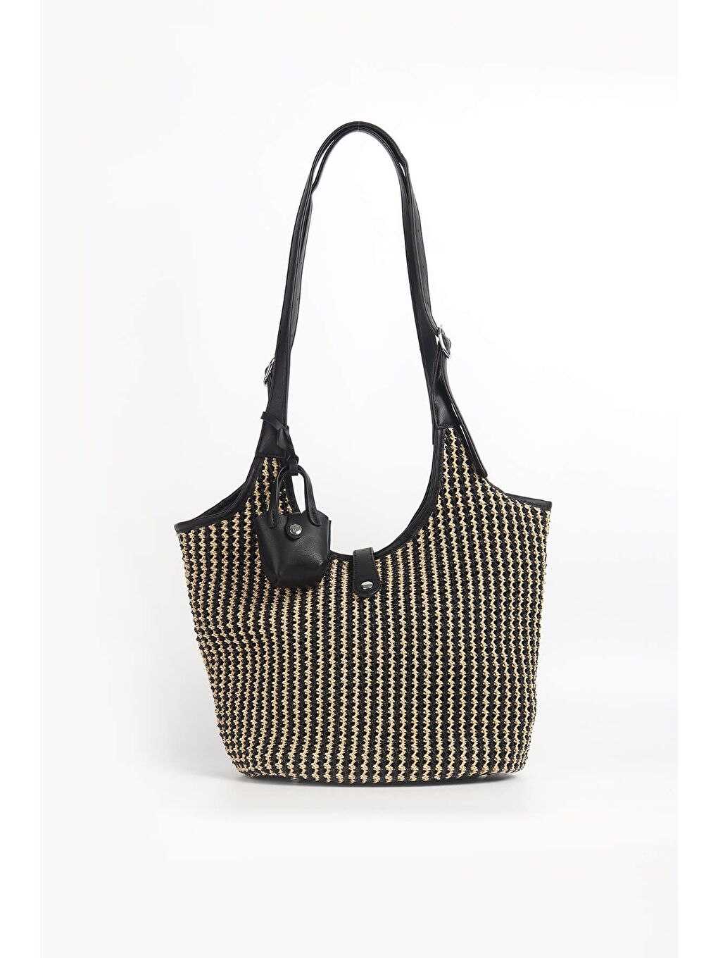 Deri Detaylı Siyah Bej Örme Hasır Plaj Çantası 1301