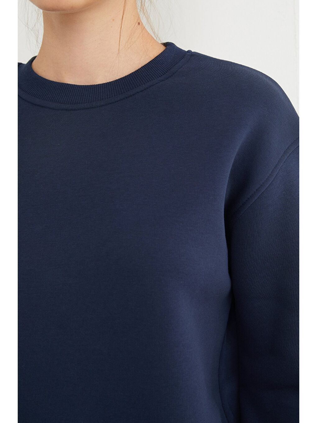 Lacivert 3 İplik Basic Bisiklet Yaka Sweatshirt-4