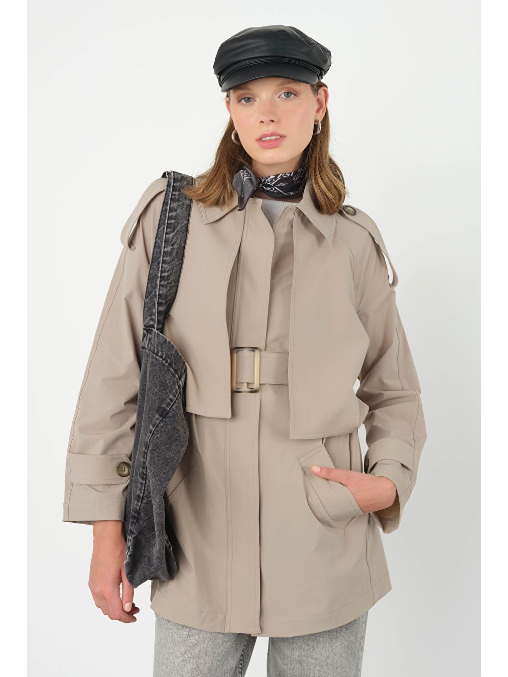 Bej Rüzgarlık Detaylı Trençkot Vizon-3