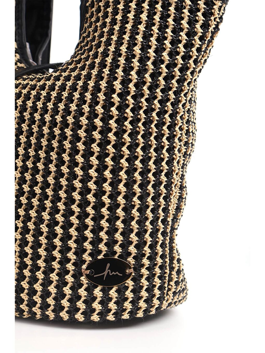 Deri Detaylı Siyah Bej Örme Hasır Plaj Çantası 1301-1