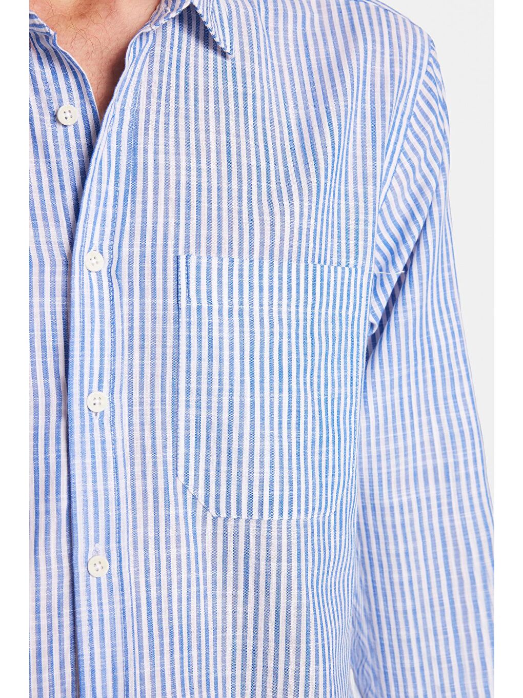 Mavi Erkek Regular Fit Klasik Kesim Uzun Kollu %100 Pamuk Keten Doku Tek Cepli Çizgili Yeşil Gömlek-2