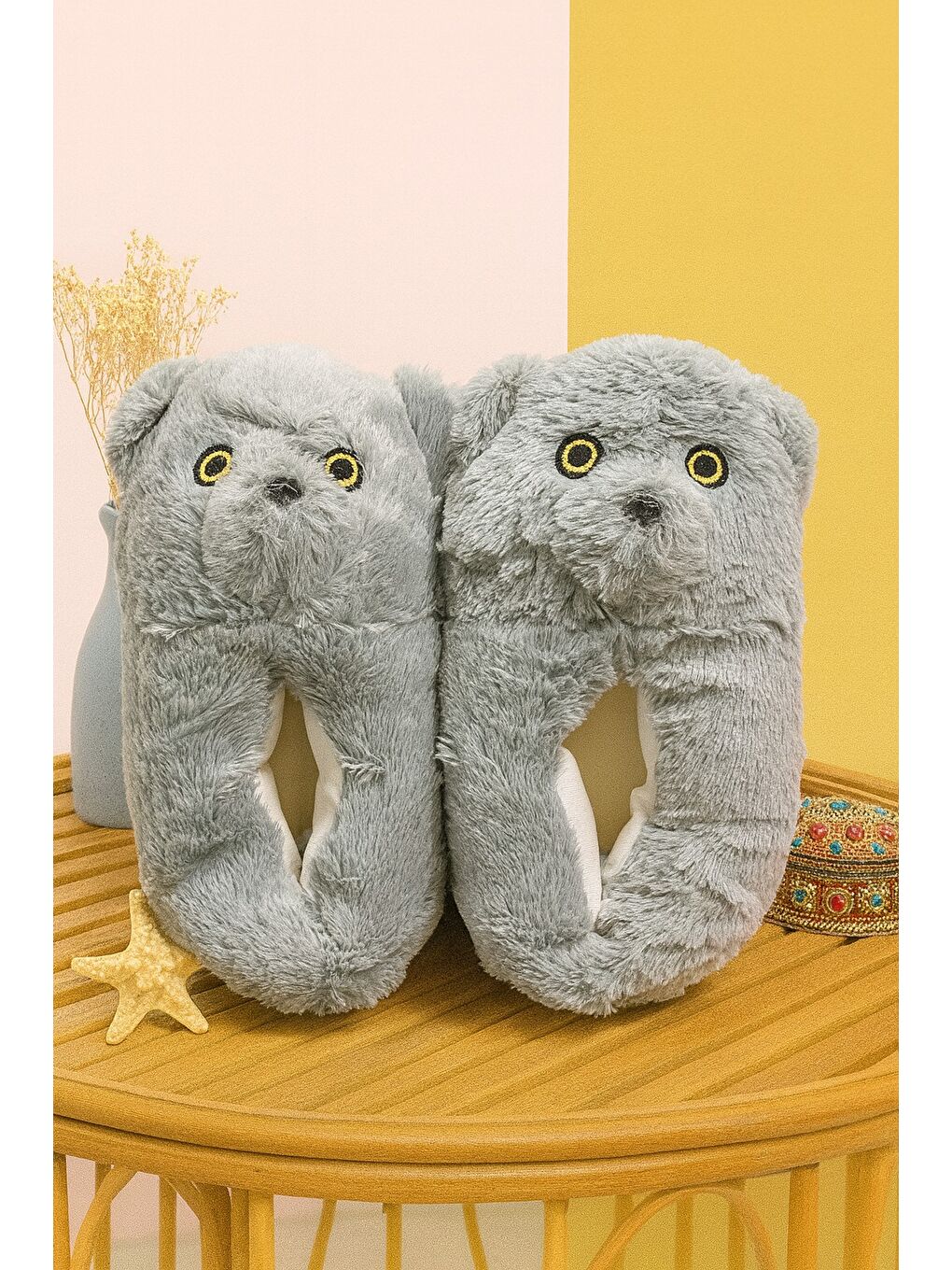 Gri BARNEY Ayıcık Pelüş Unisex Hayvanlı Panduf Ev Ayakkabısı Pufidik