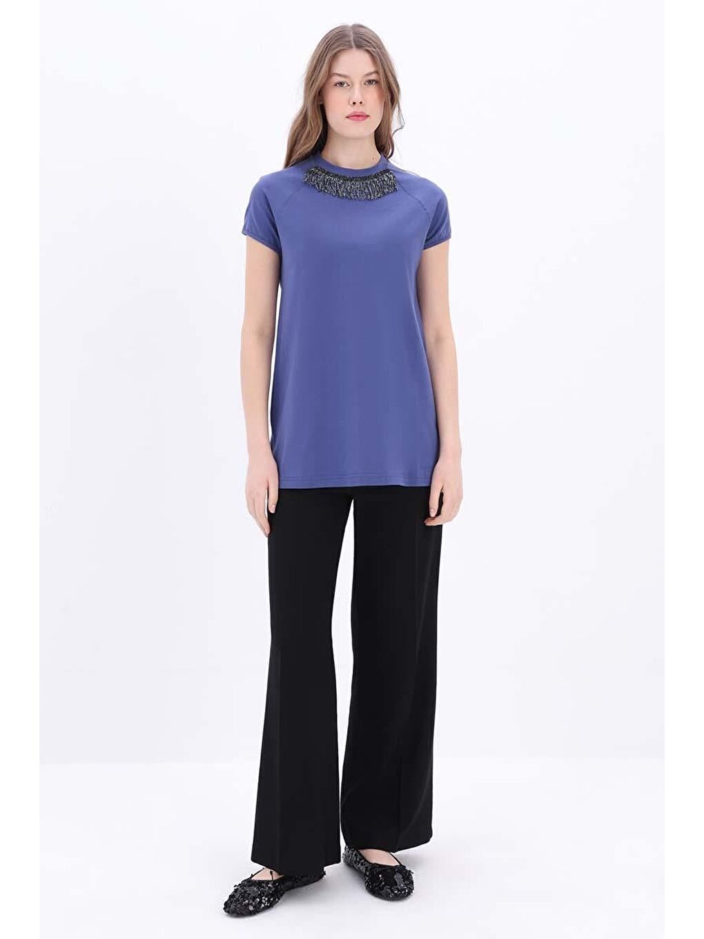 İndigo-Pamuklu Püskül Detaylı Kısa Kollu T-Shirt