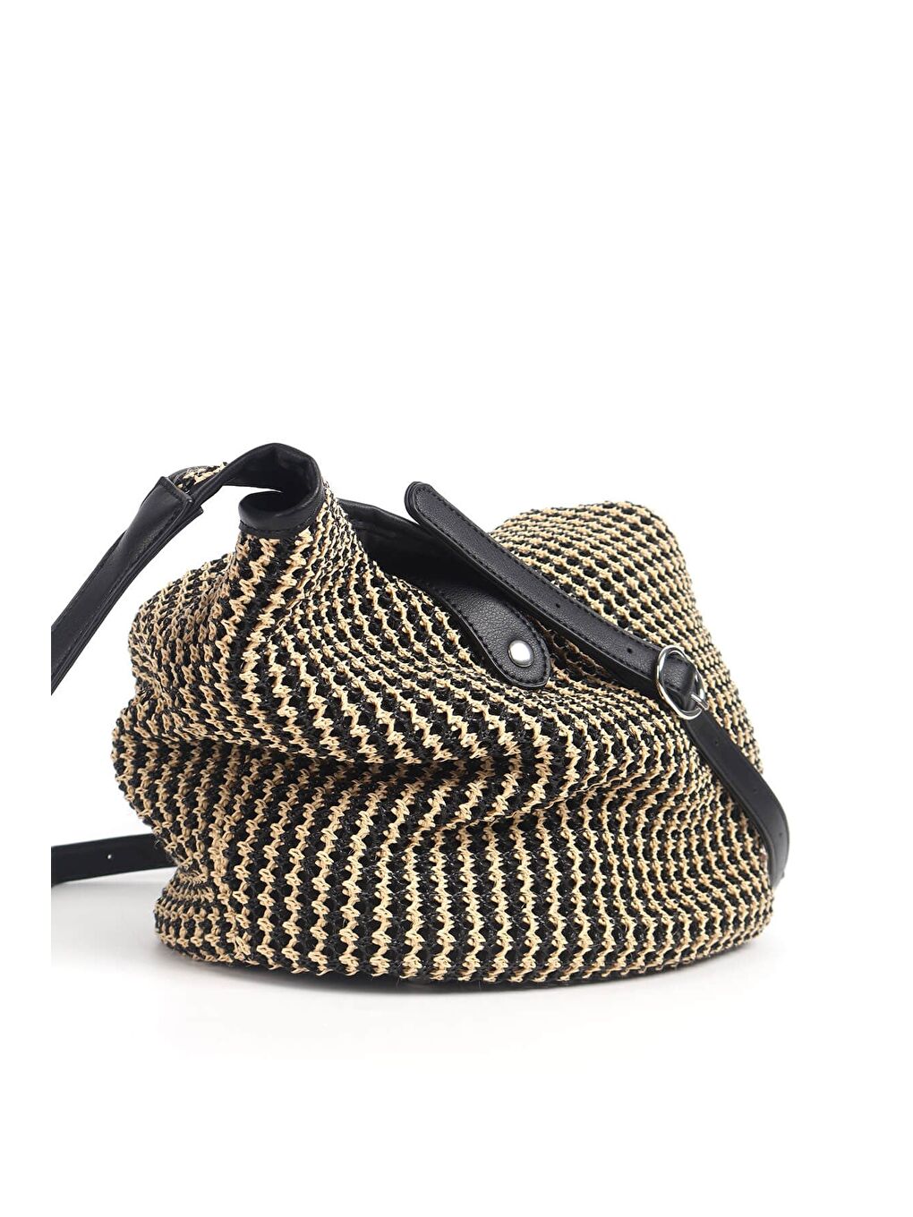Deri Detaylı Siyah Bej Örme Hasır Plaj Çantası 1301-2
