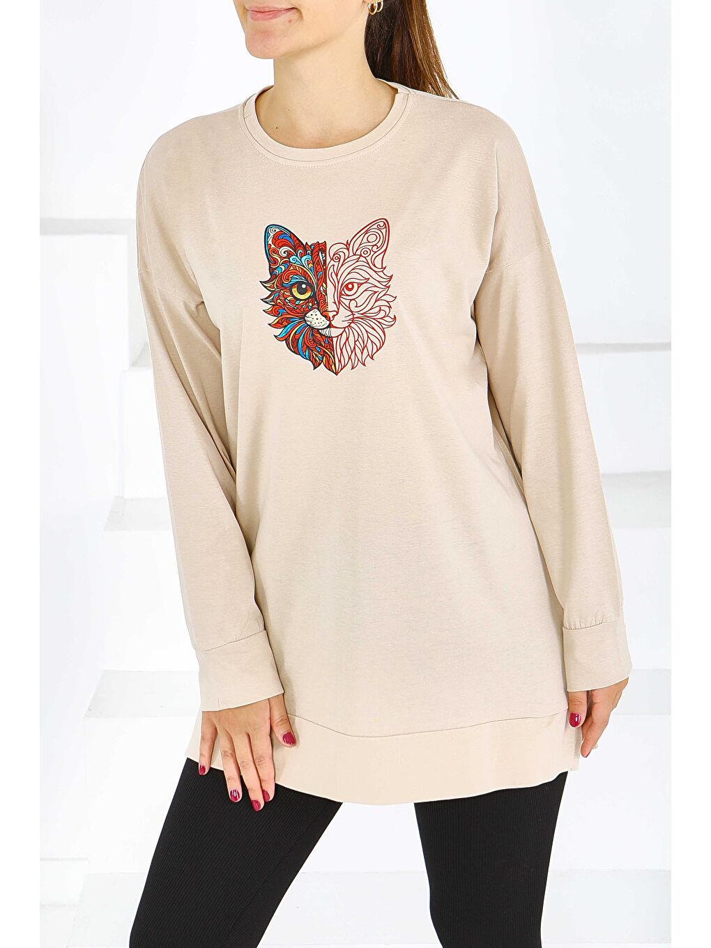 Uzun Kollu Baskılı Süprem Tunik Bej - 27586-1