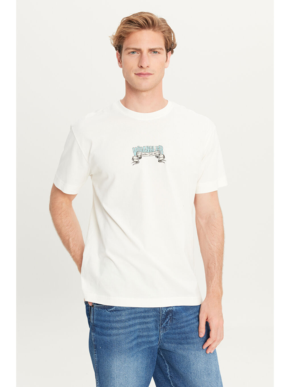 %100 Pamuk Relaxed Fit Geniş Kesim Bisiklet Yaka Kırık Beyaz Big Logo Tişört