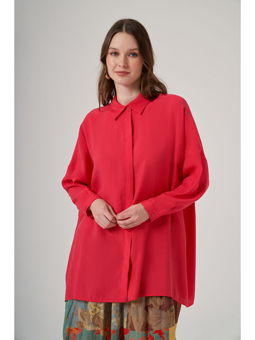 Kırmızı Oversize Basic Yazlık Gömlek 3001 Siglamen Fuşya