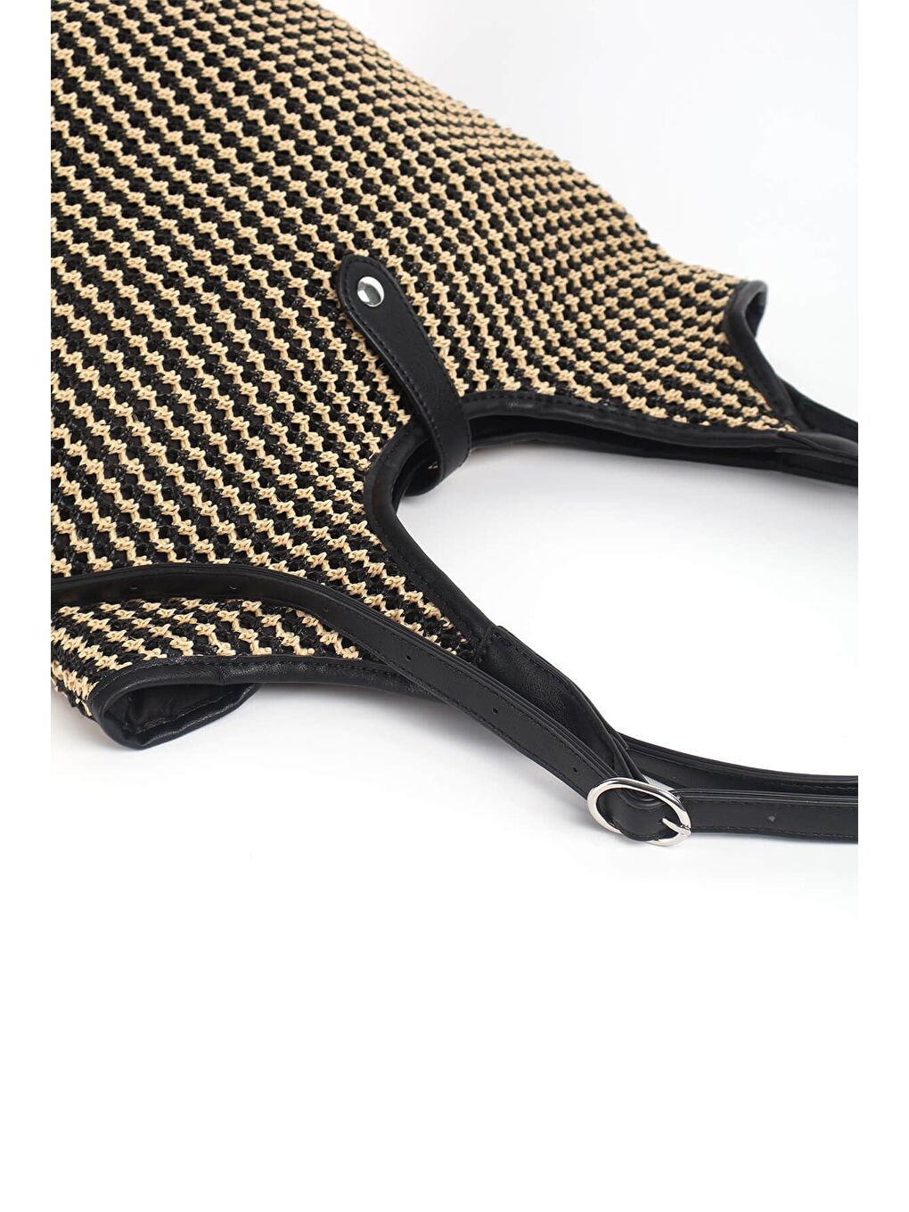 Deri Detaylı Siyah Bej Örme Hasır Plaj Çantası 1301-3