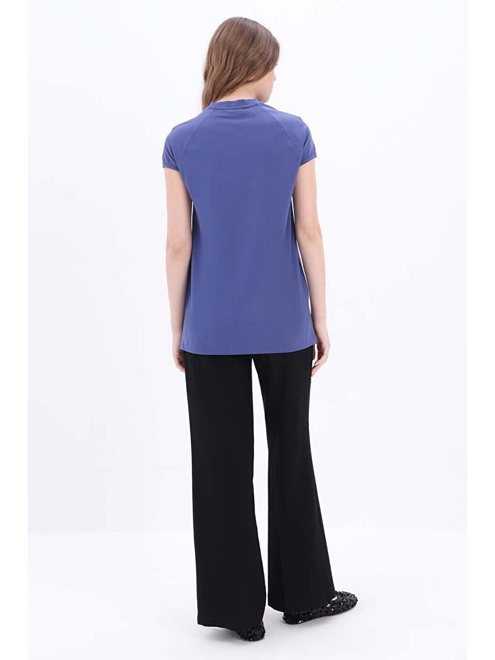 İndigo-Pamuklu Püskül Detaylı Kısa Kollu T-Shirt-2