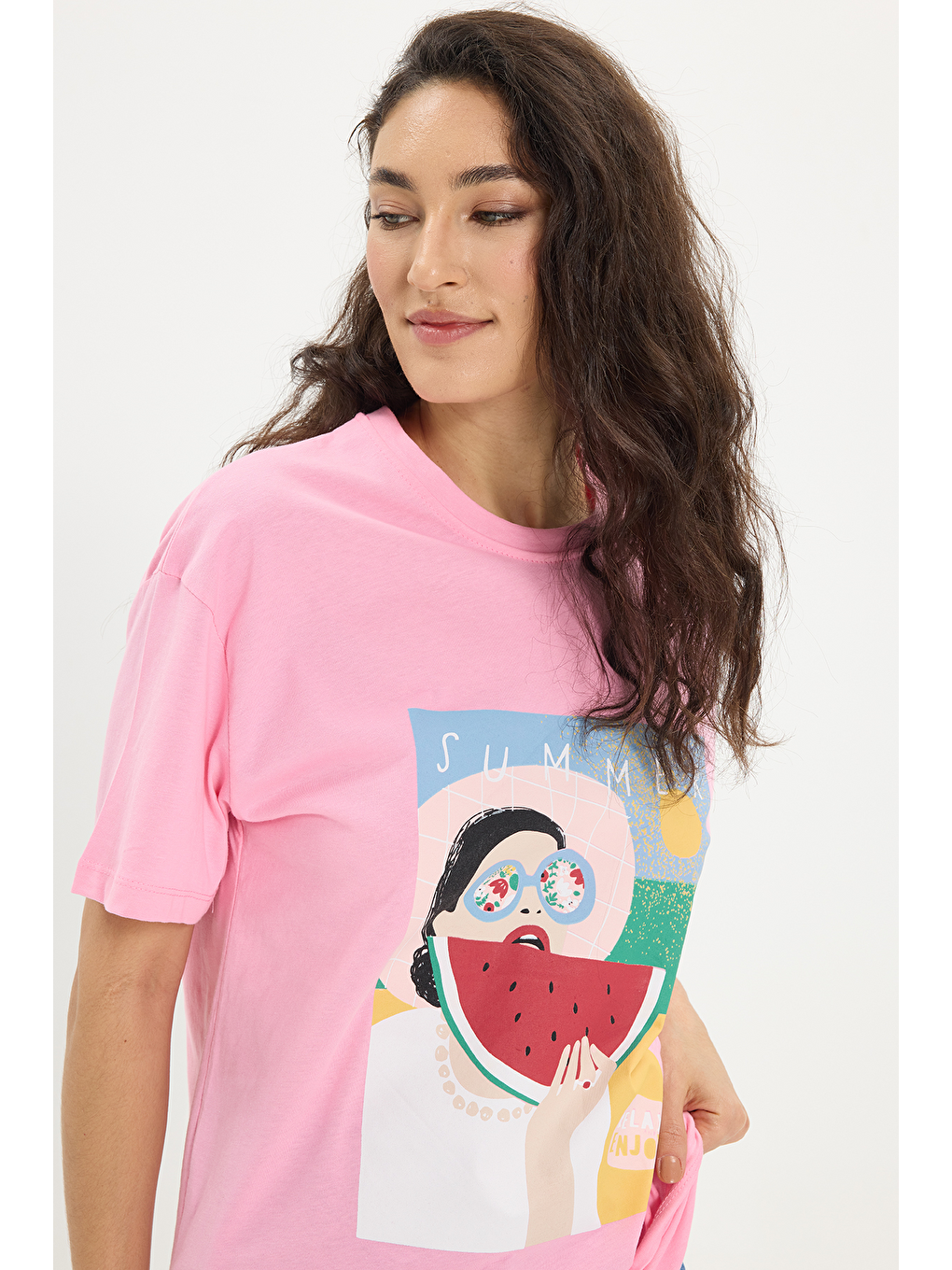 Kadın Oversize Geniş Kesim %100 Pamuk Bisiklet Yaka Kısa Kollu Baskılı Pembe Tişört-2