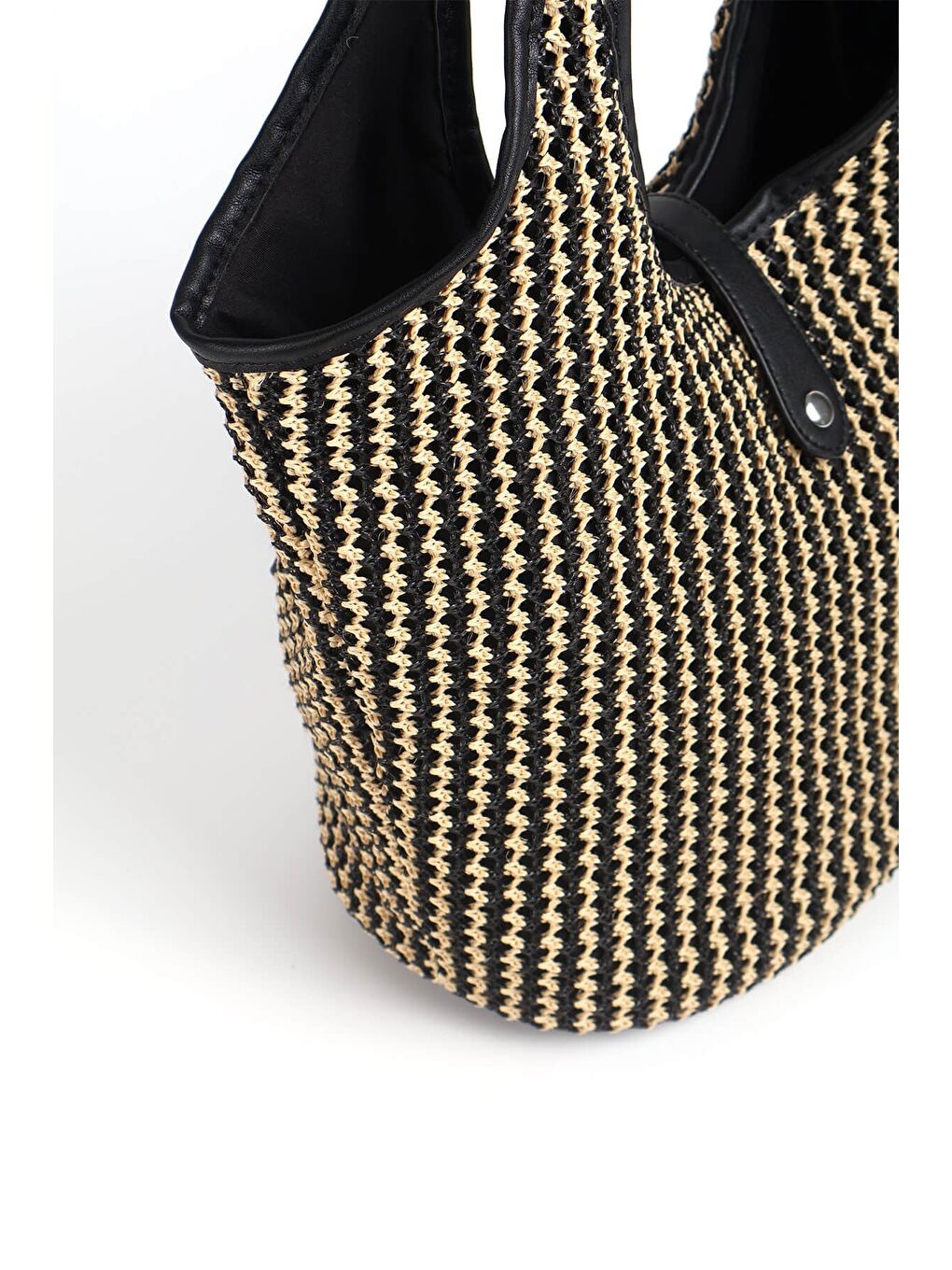 Deri Detaylı Siyah Bej Örme Hasır Plaj Çantası 1301-4