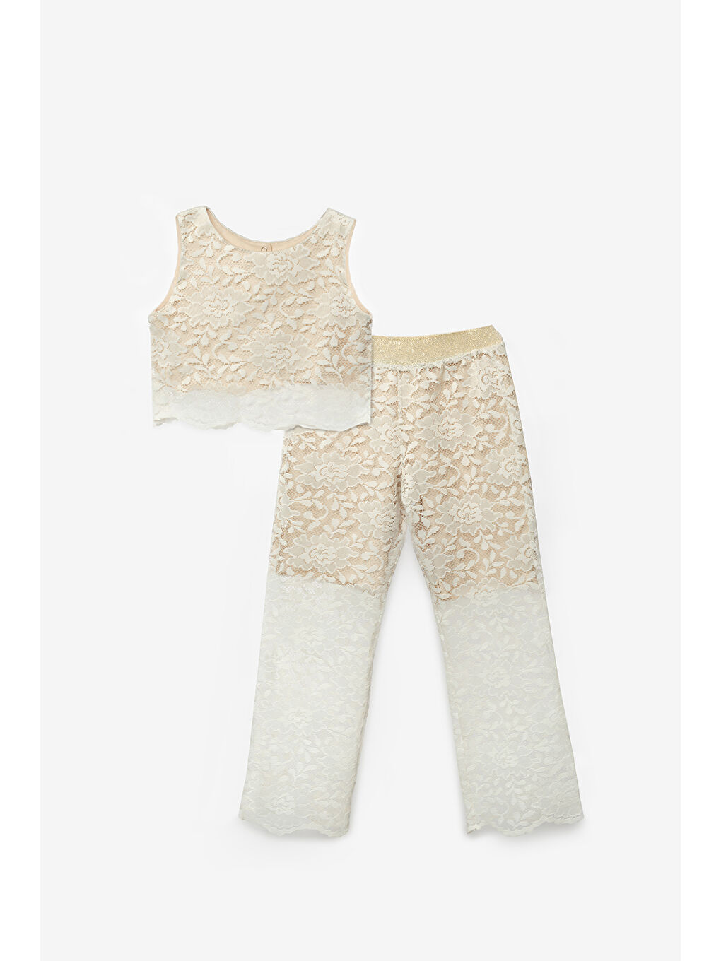 Ekru Krem Dantel Kız Çocuk Crop Pantalon İkili Takım - Hope