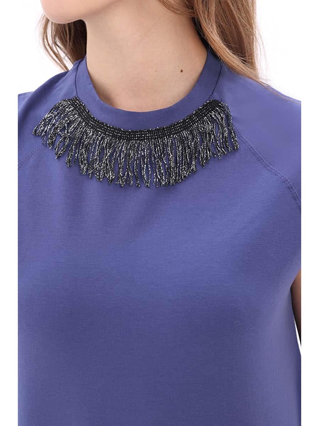 İndigo-Pamuklu Püskül Detaylı Kısa Kollu T-Shirt-4