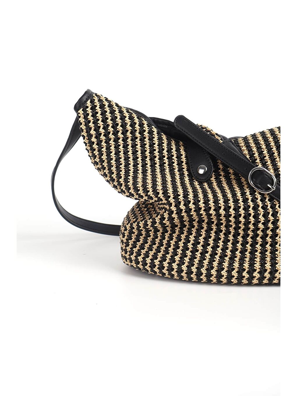 Deri Detaylı Siyah Bej Örme Hasır Plaj Çantası 1301-5