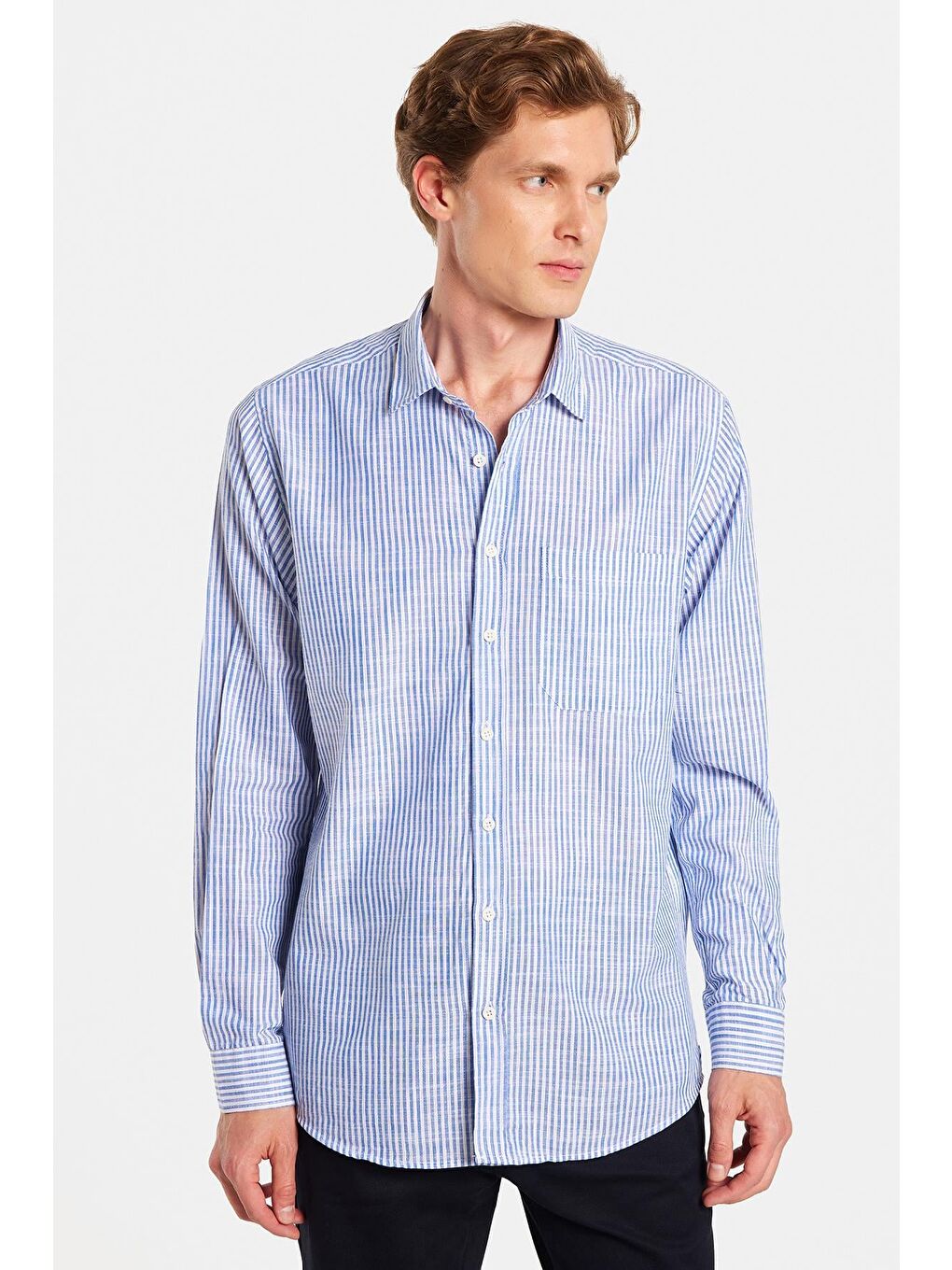 Mavi Erkek Regular Fit Klasik Kesim Uzun Kollu %100 Pamuk Keten Doku Tek Cepli Çizgili Yeşil Gömlek-3