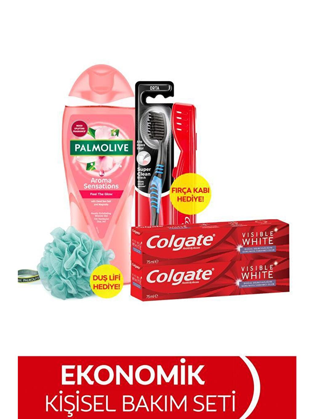 Colgate Karışık Diş Macunu 75 Ml X2, Orta Diş Fırçası, Palmolive Duş Jeli 500 Ml +  & Duş Lifi