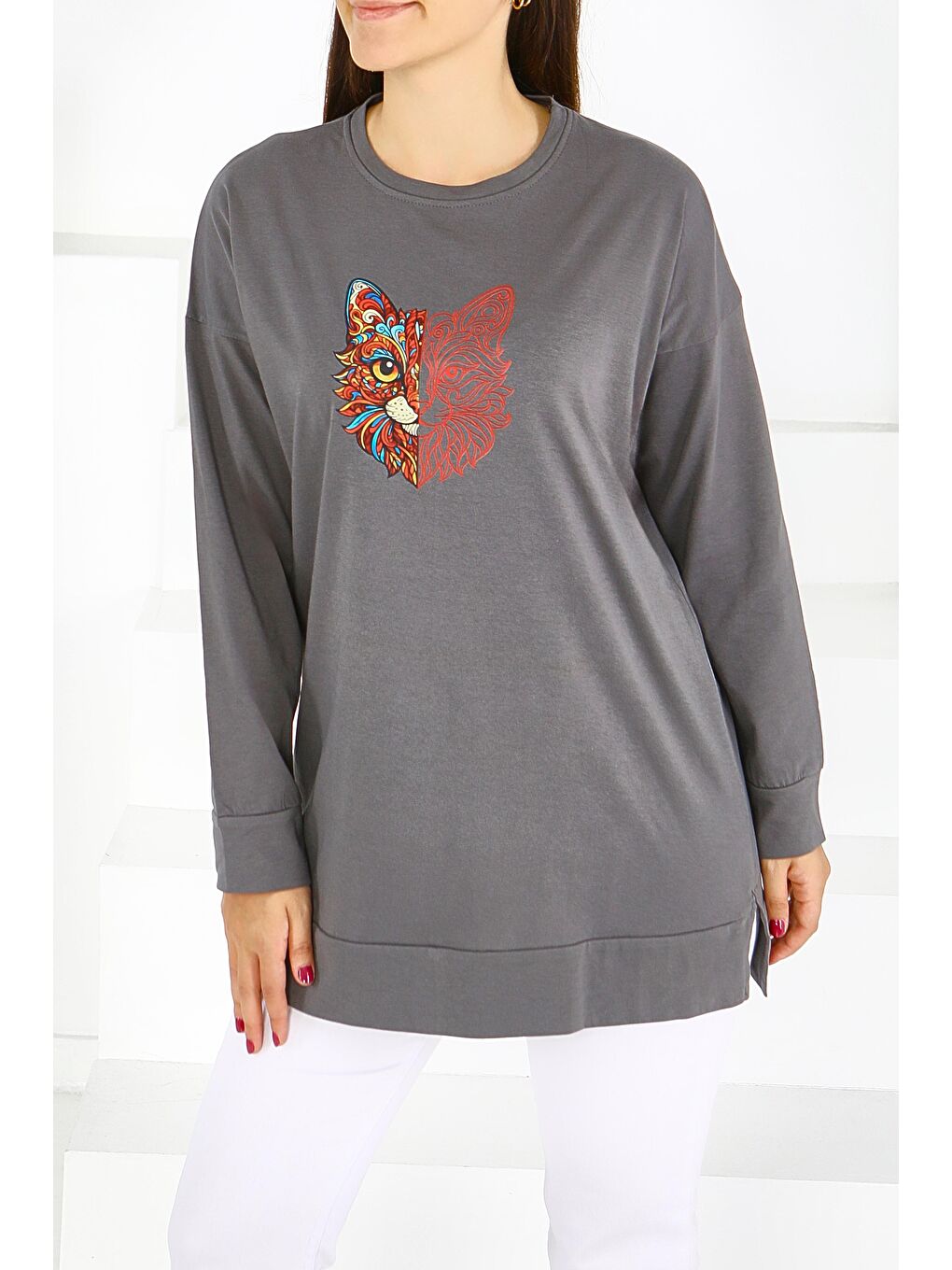 Gri Uzun Kollu Baskılı Süprem Tunik Füme - 27586