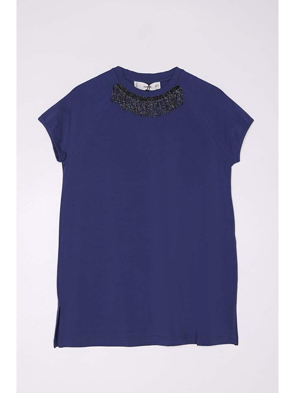 İndigo-Pamuklu Püskül Detaylı Kısa Kollu T-Shirt-5