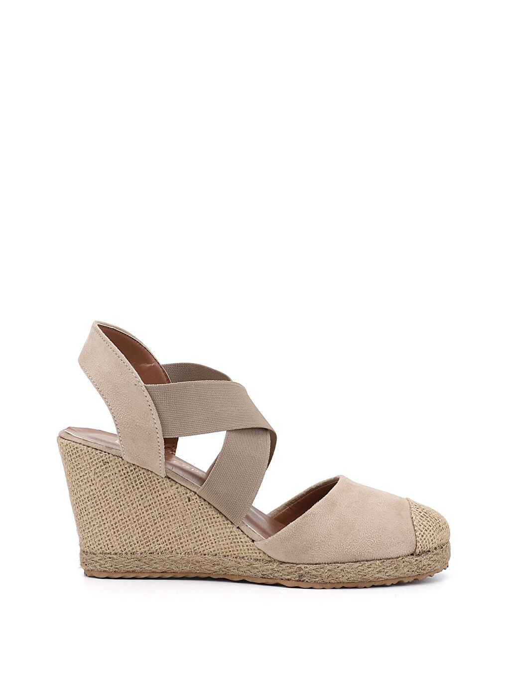 Bej Kadın BEJ Dolgu Topuklu Çapraz Lastik Bantlı Sandalet