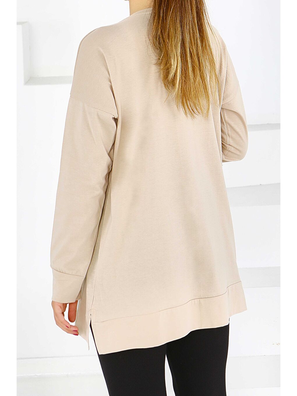 Uzun Kollu Baskılı Süprem Tunik Bej - 27586-2
