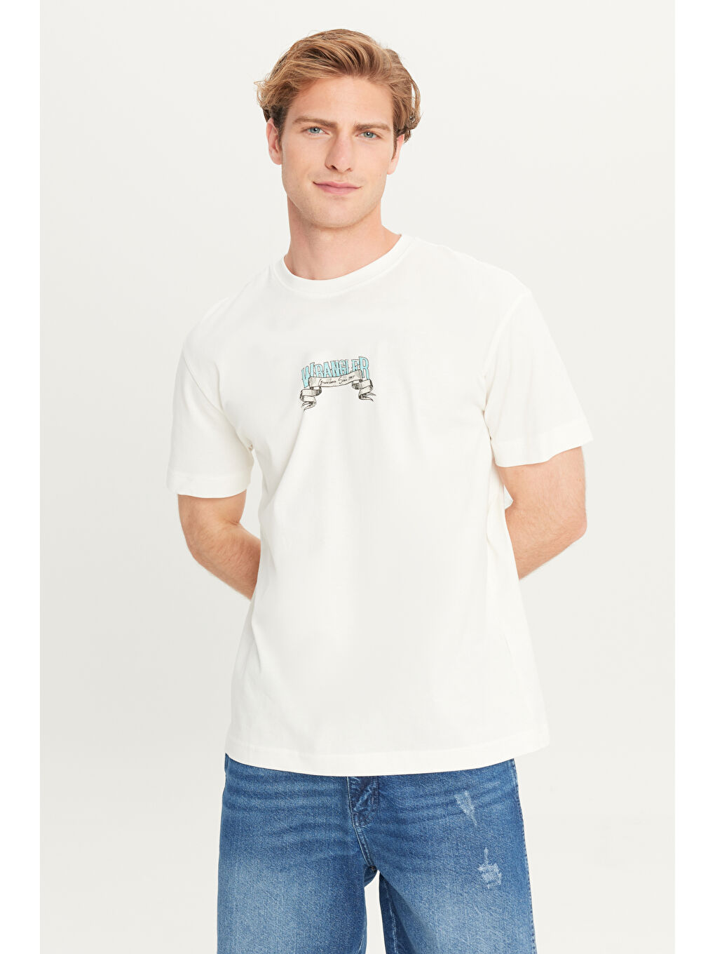 %100 Pamuk Relaxed Fit Geniş Kesim Bisiklet Yaka Kırık Beyaz Big Logo Tişört-1