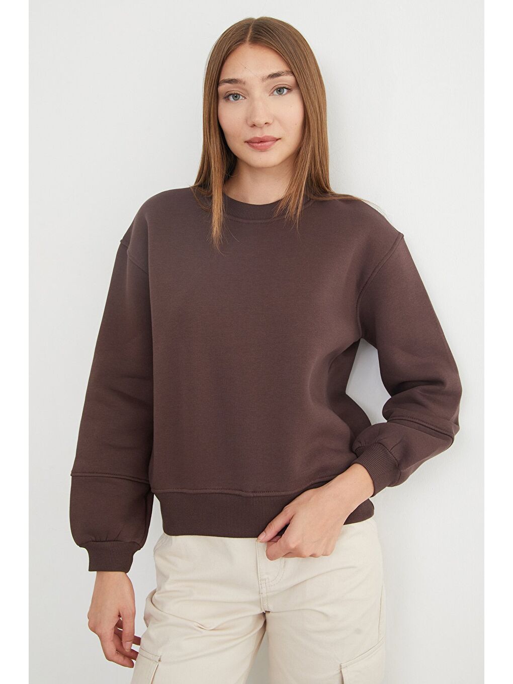 Kahverengi 3 İplik Basic Bisiklet Yaka Sweatshirt