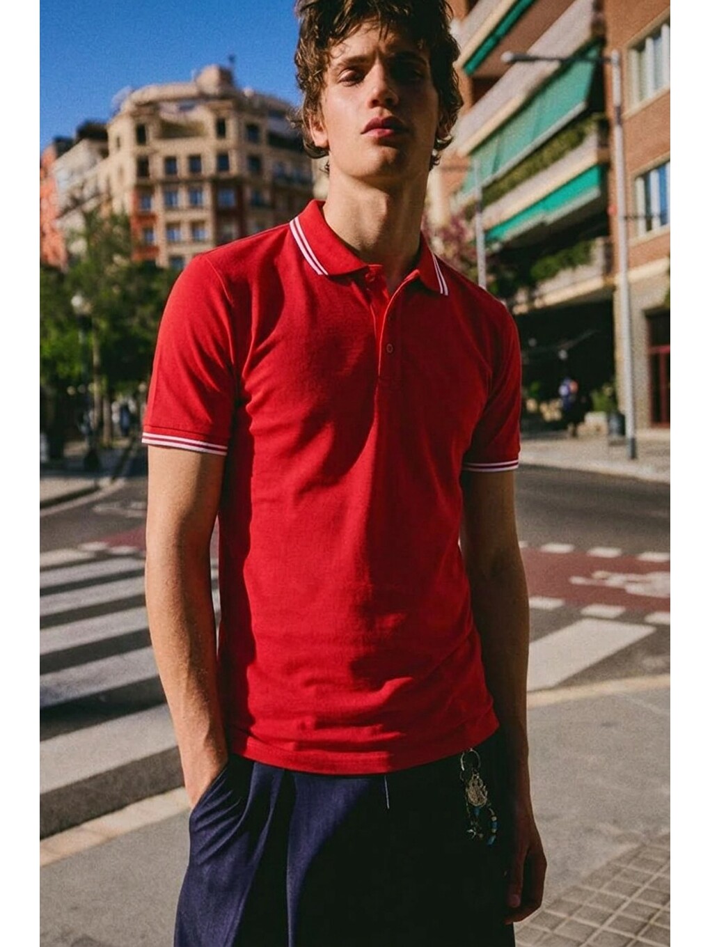 Erkek Düğmeli Fashion Kırmızı Polo Yaka Tişört