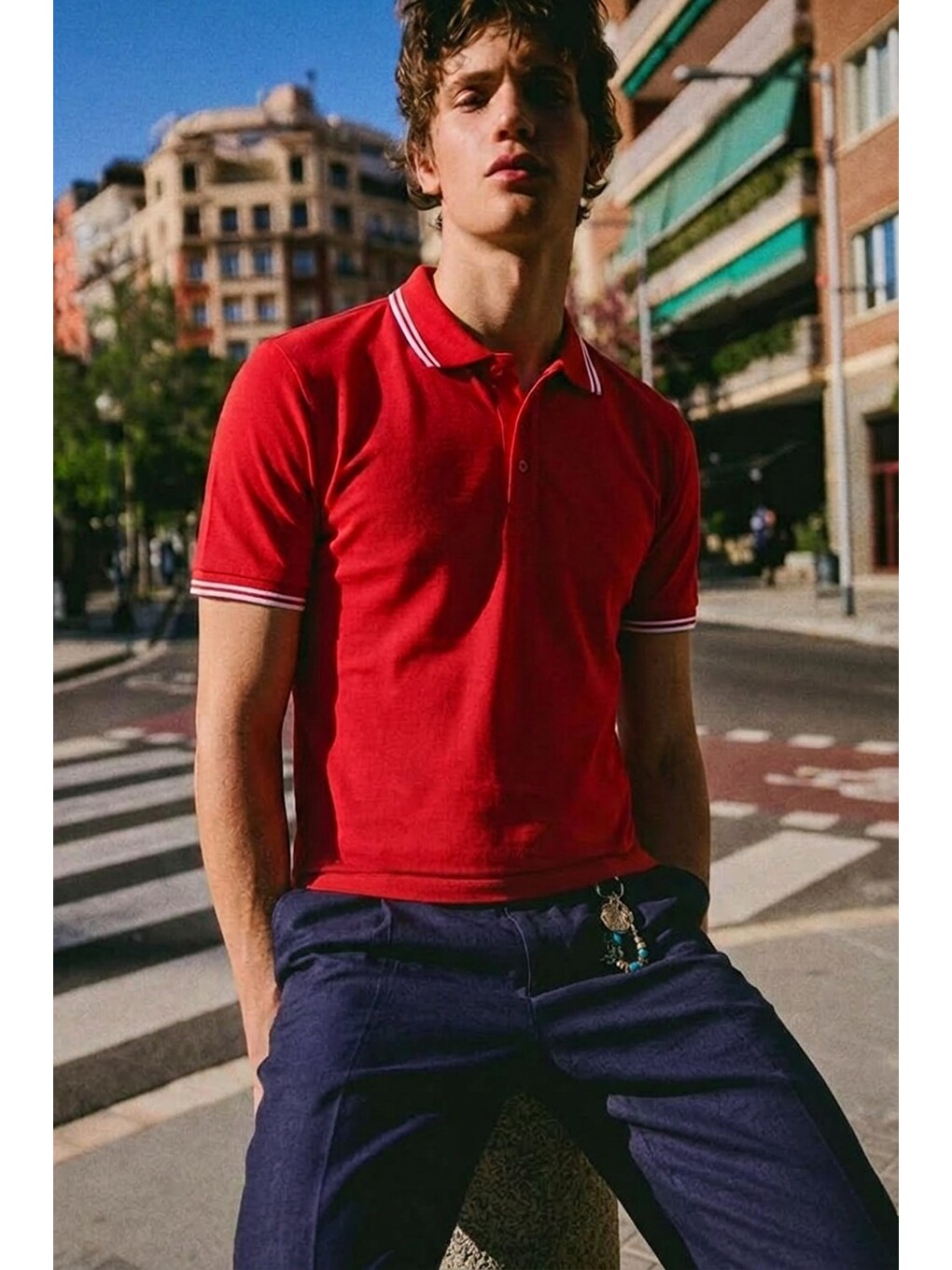 Erkek Düğmeli Fashion Kırmızı Polo Yaka Tişört-1