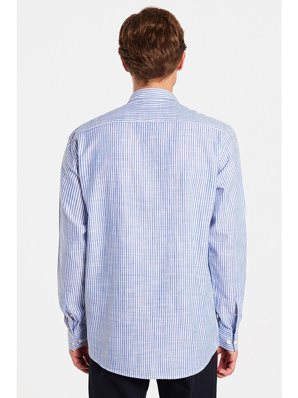 Mavi Erkek Regular Fit Klasik Kesim Uzun Kollu %100 Pamuk Keten Doku Tek Cepli Çizgili Yeşil Gömlek-4