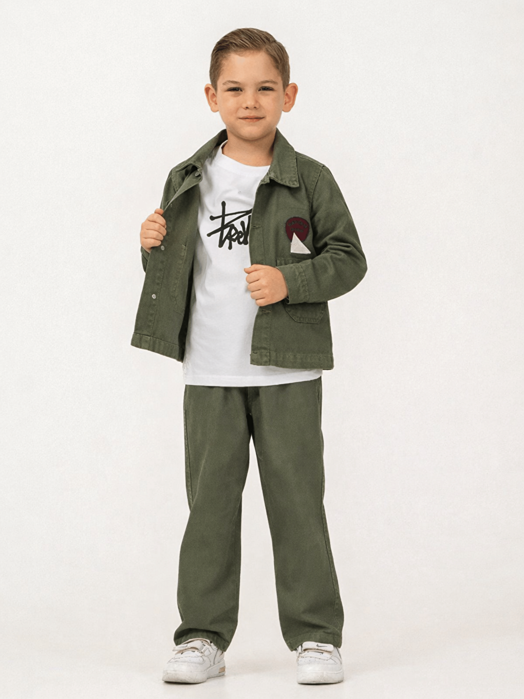 Yeşil Pamuklu Ceket Pantolon Tişörtlü Erkek Çocuk 3lü Jean Takım-1