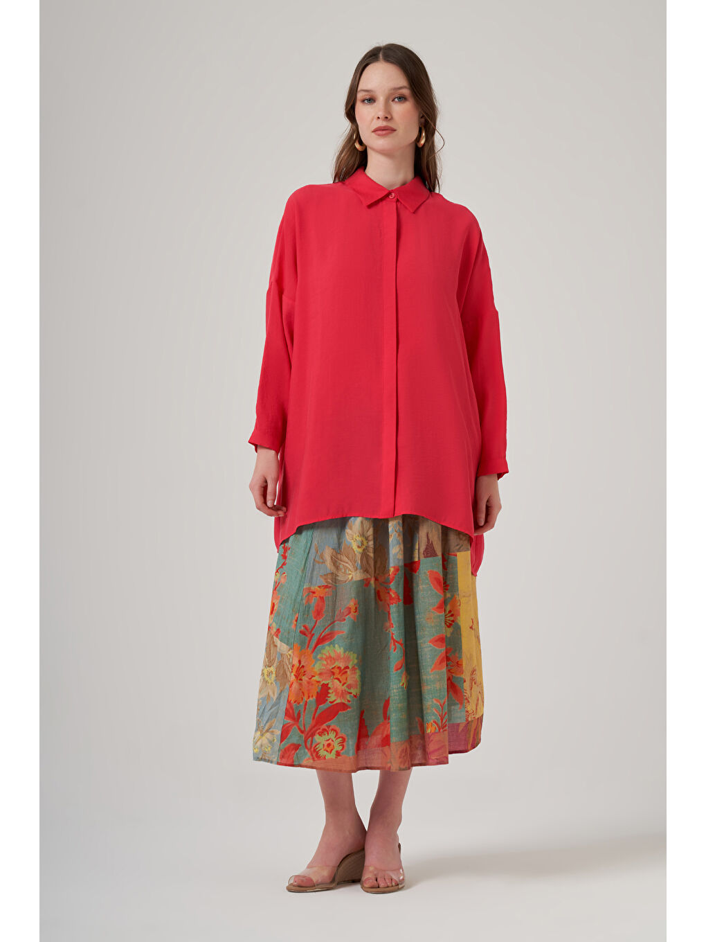 Kırmızı Oversize Basic Yazlık Gömlek 3001 Siglamen Fuşya-3