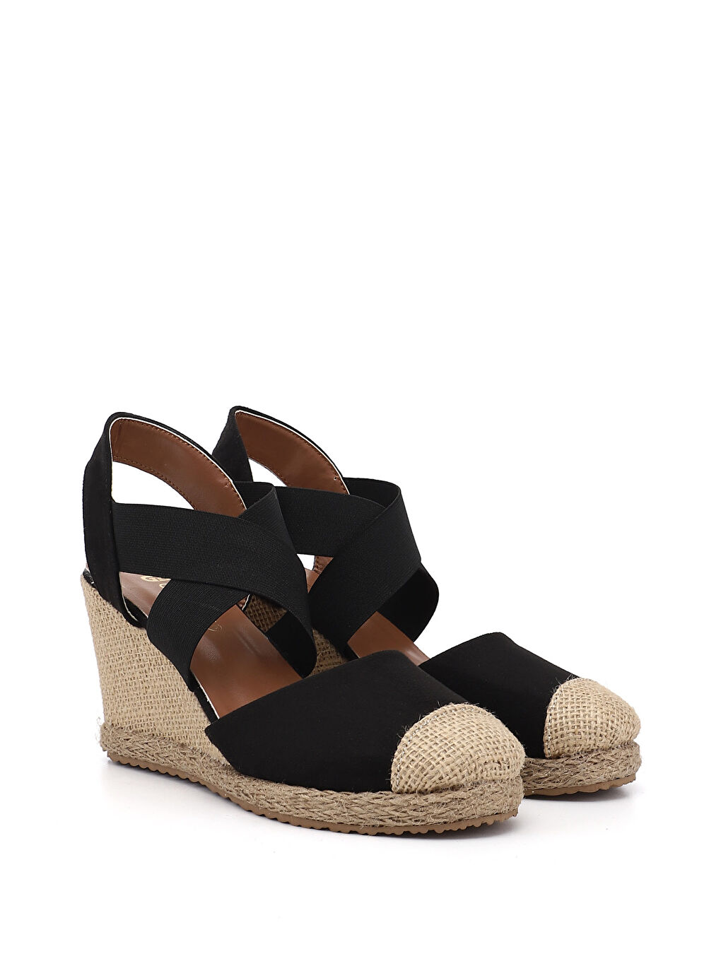 Siyah Kadın SİYAH MELANJ Dolgu Topuklu Çapraz Lastik Bantlı Sandalet-3