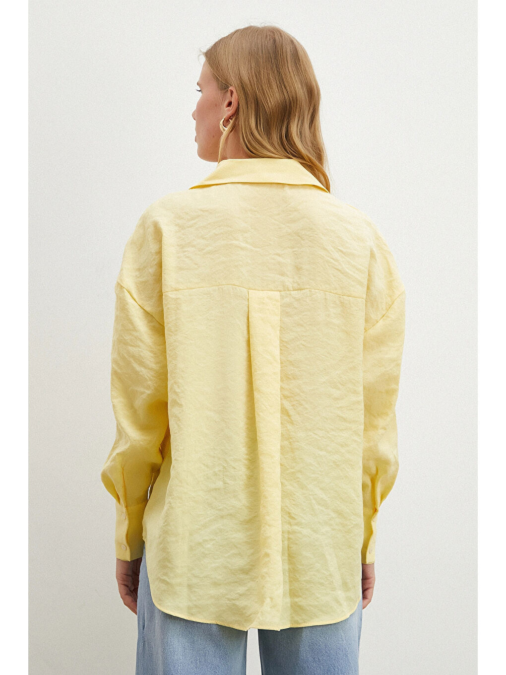 Dökümlü Oversize Modal Gömlek Sarı-5