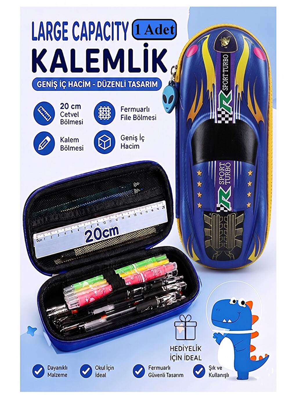 Araba Kabartmalı Bölmeli Kalemlik 1 Adet P-5953 Erkek Çocuk Okul Kalem Kutusu 3 Boyutlu Sevimli Kari