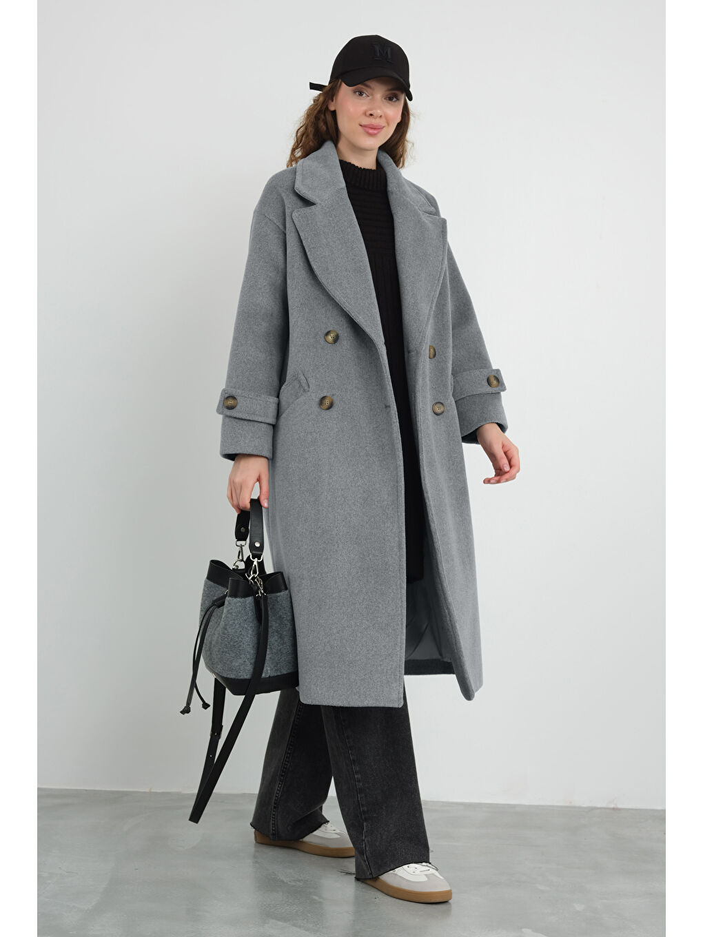 Kolu Apolet Detaylı Kaban Gri Melanj