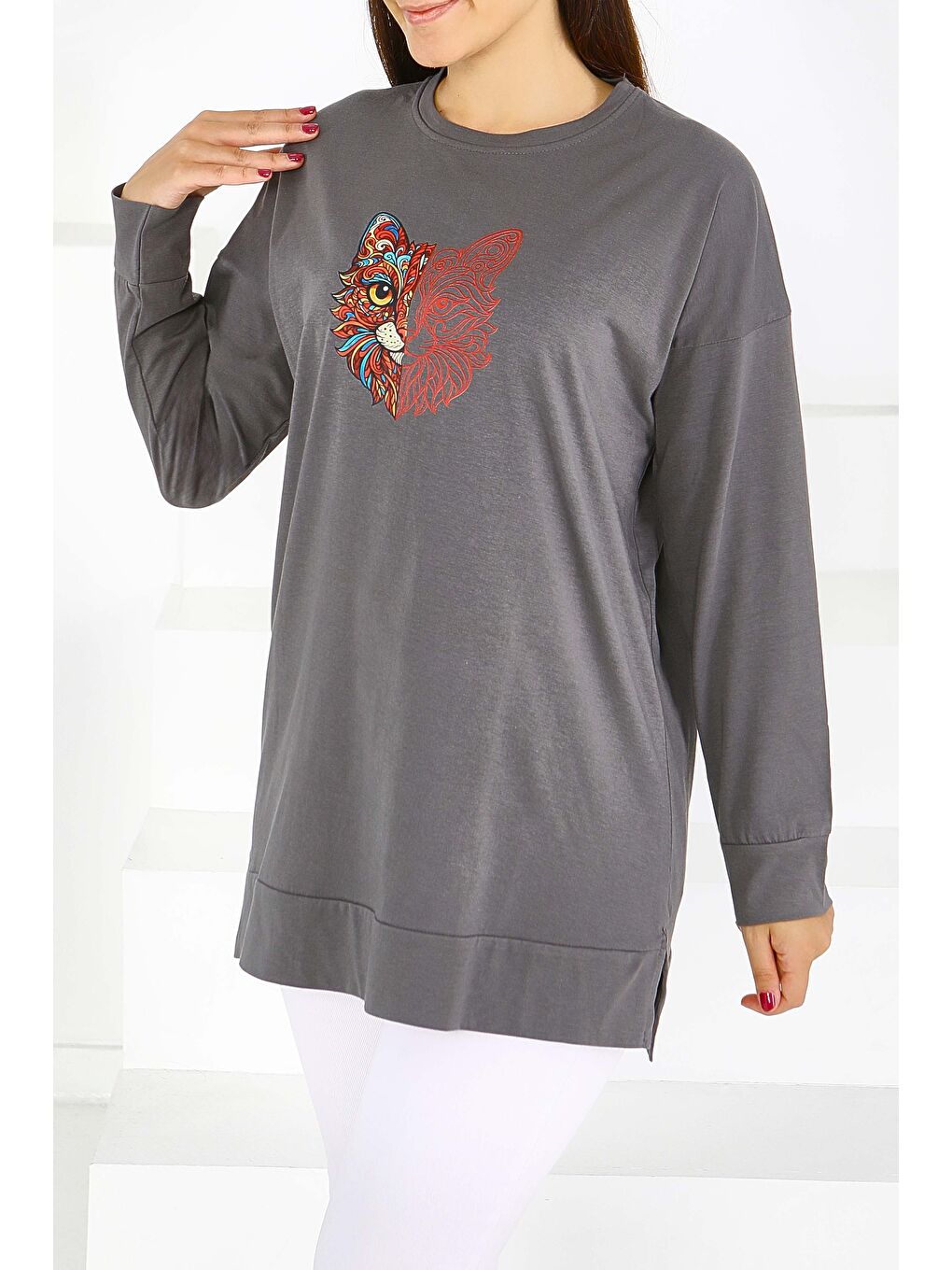 Gri Uzun Kollu Baskılı Süprem Tunik Füme - 27586-1