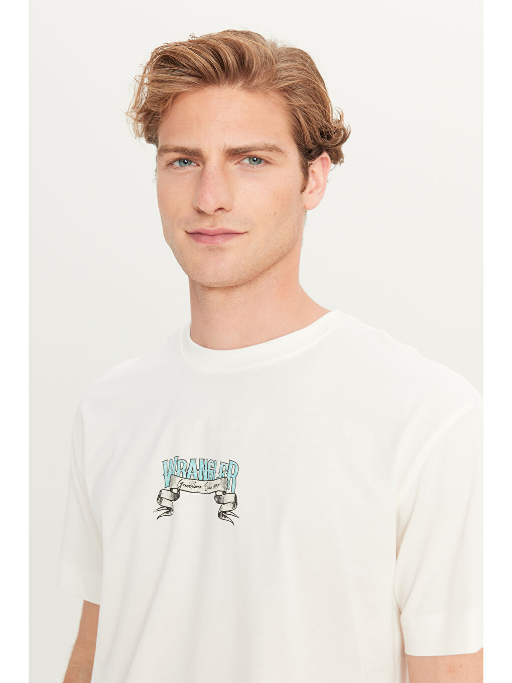 %100 Pamuk Relaxed Fit Geniş Kesim Bisiklet Yaka Kırık Beyaz Big Logo Tişört-3