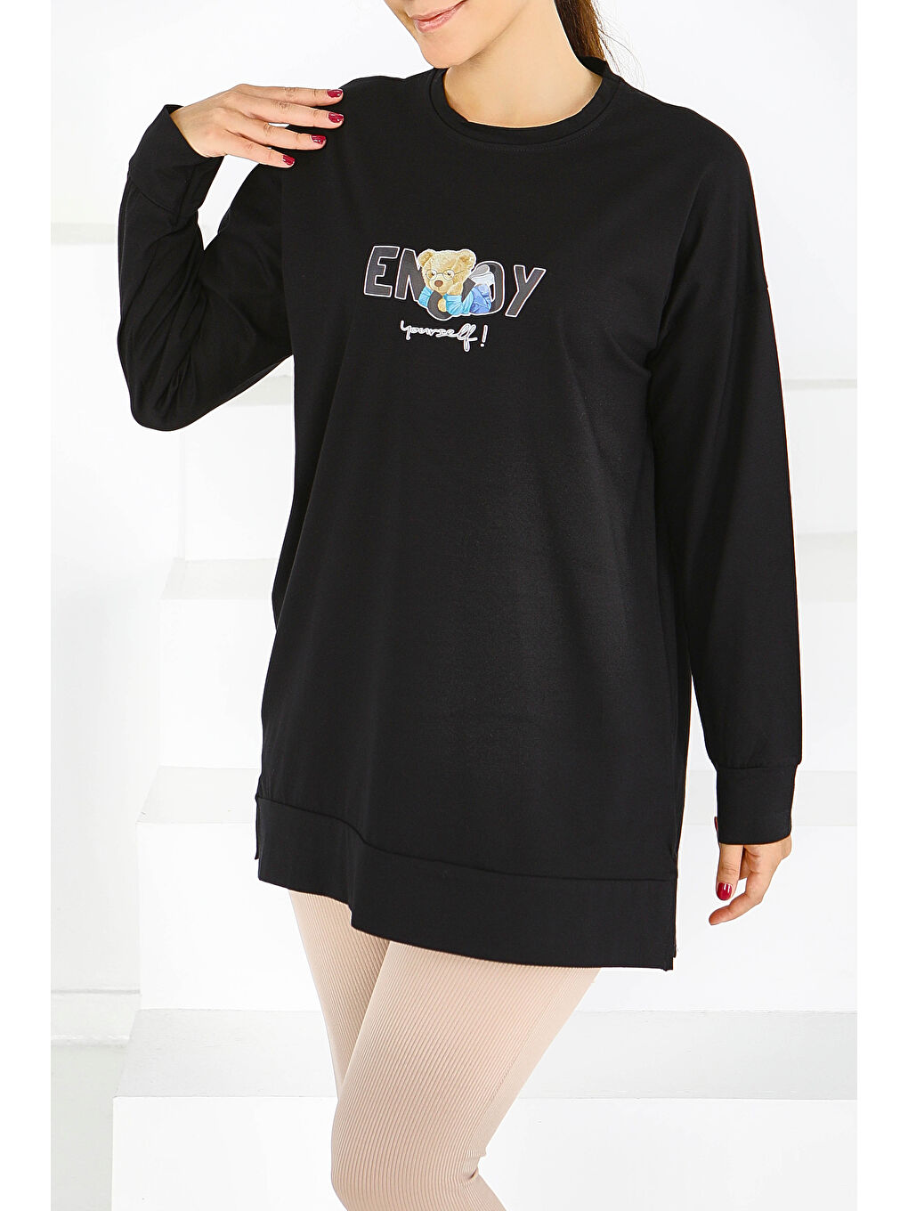 Uzun Kollu Baskılı Süprem Tunik Siyah - 27589