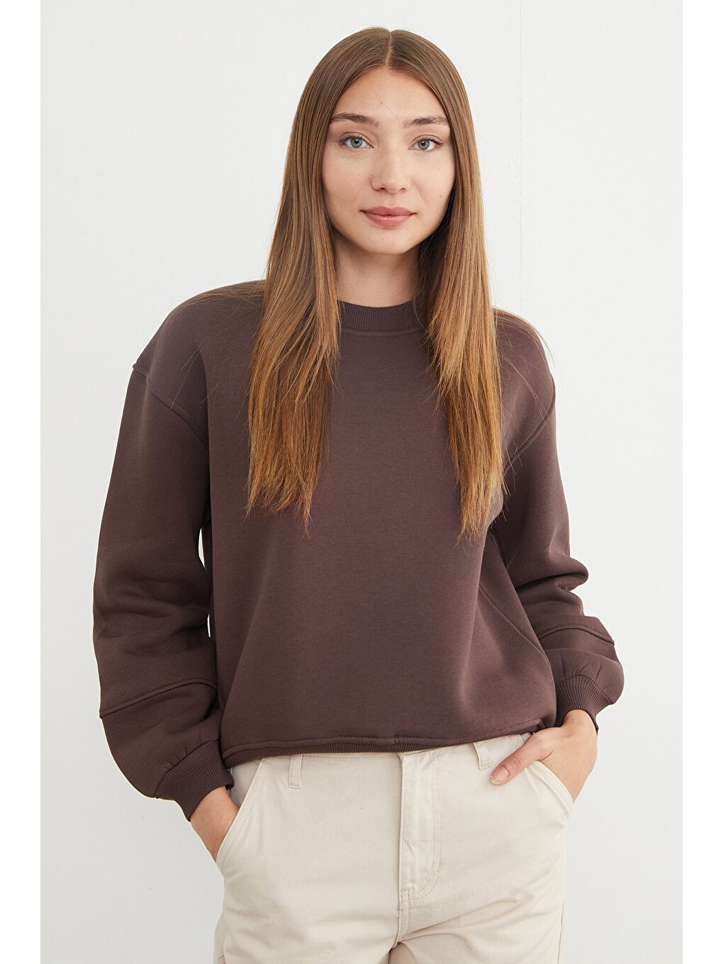 Kahverengi 3 İplik Basic Bisiklet Yaka Sweatshirt-1