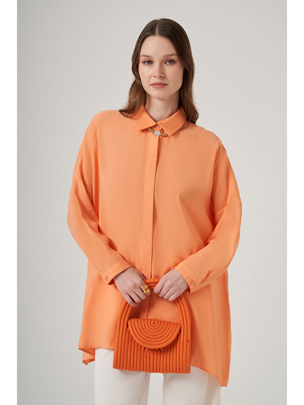 Pembe Oversize Basic Yazlık Gömlek 3001 Mango Turuncu