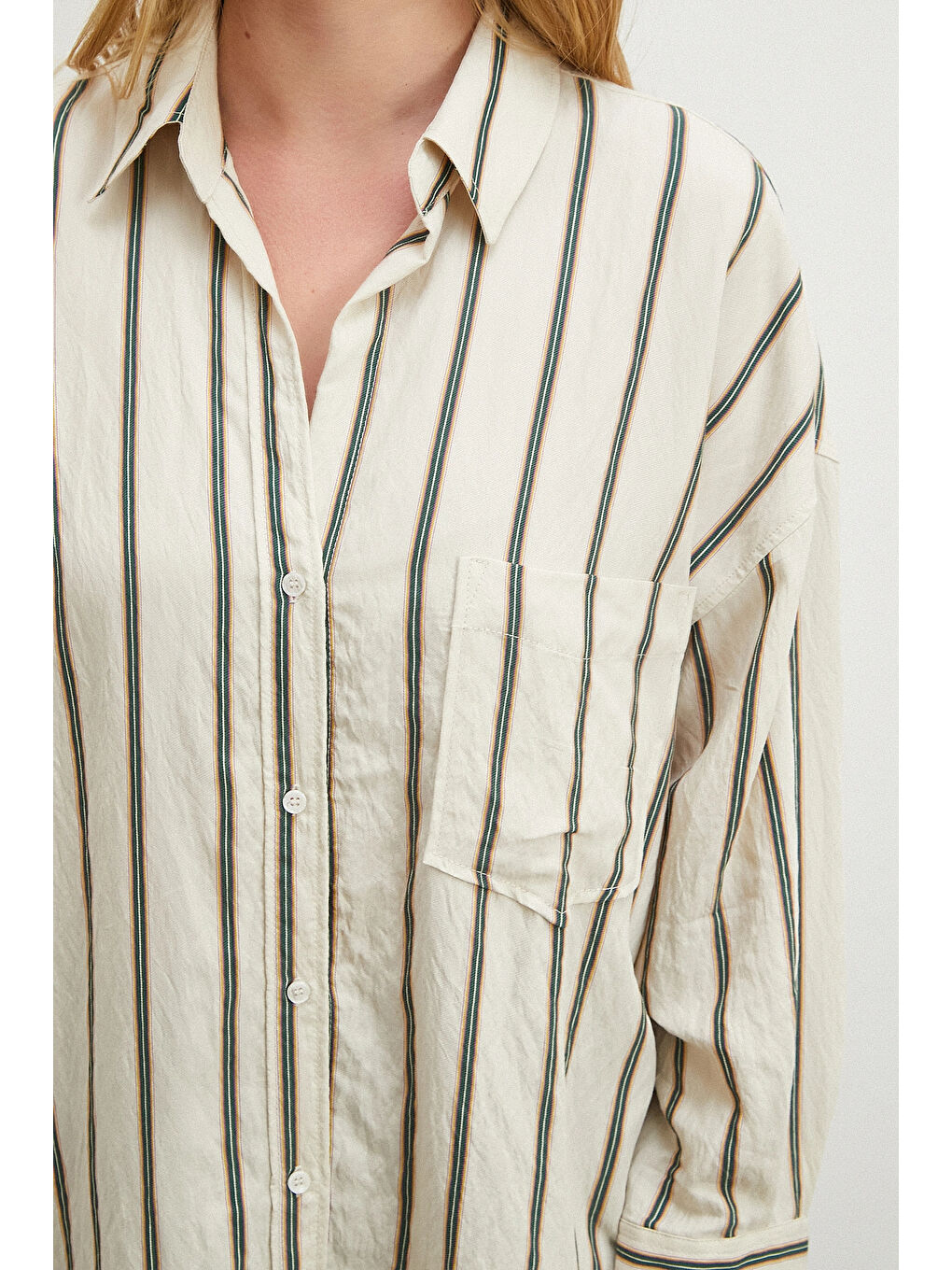 Ekru Çizgili Diagonal Gömlek Krem-4