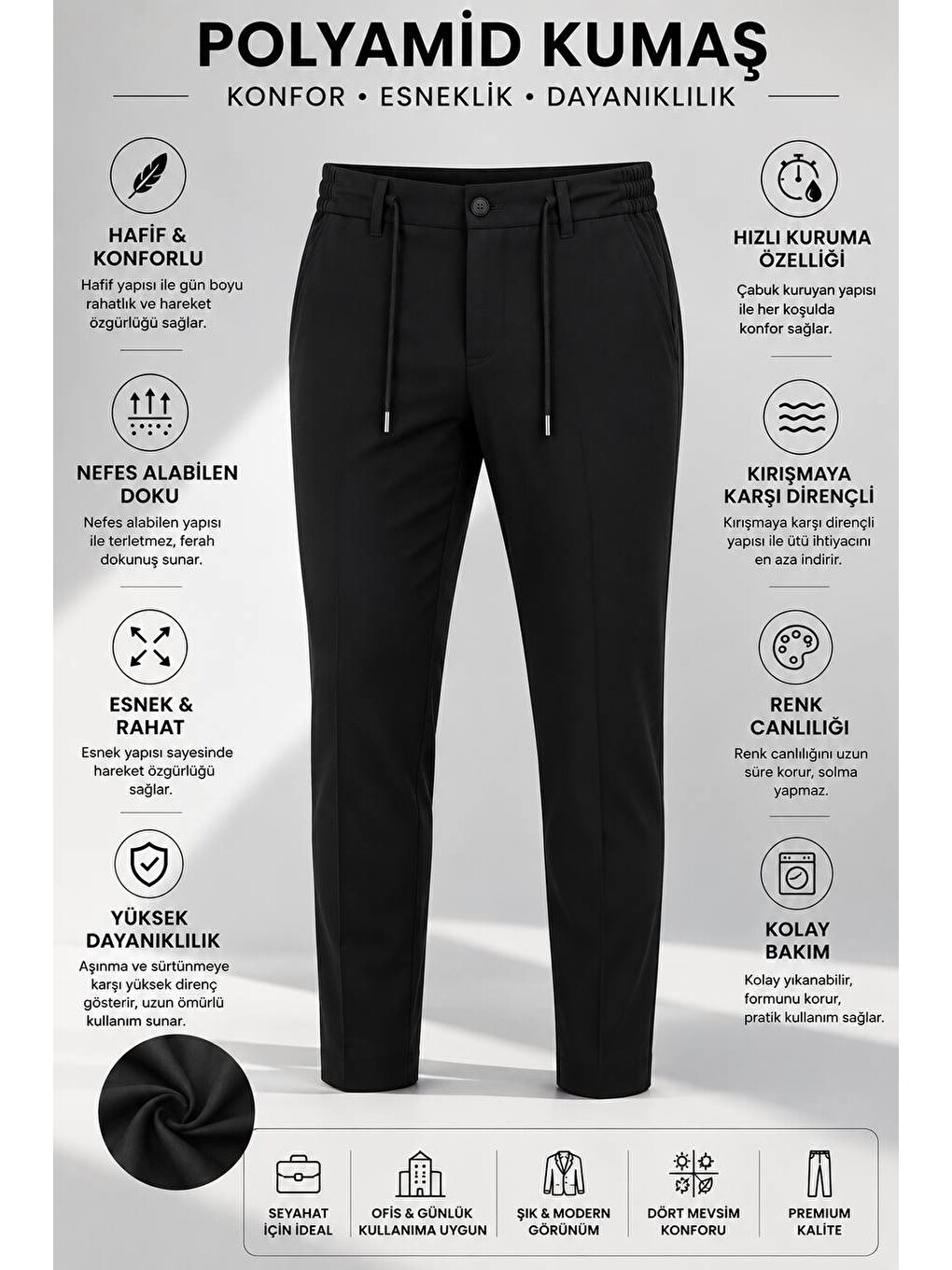 Erkek Premium Poliamid Kumaş Comfort Fit Jogger Siyah Pantolon - 252dngr-4