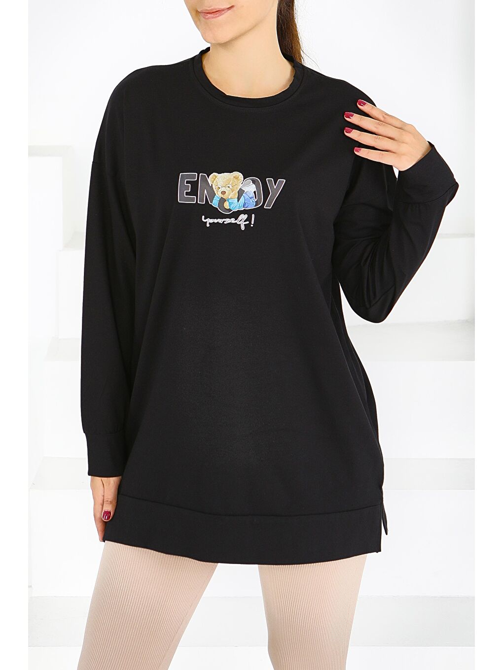 Uzun Kollu Baskılı Süprem Tunik Siyah - 27589-1