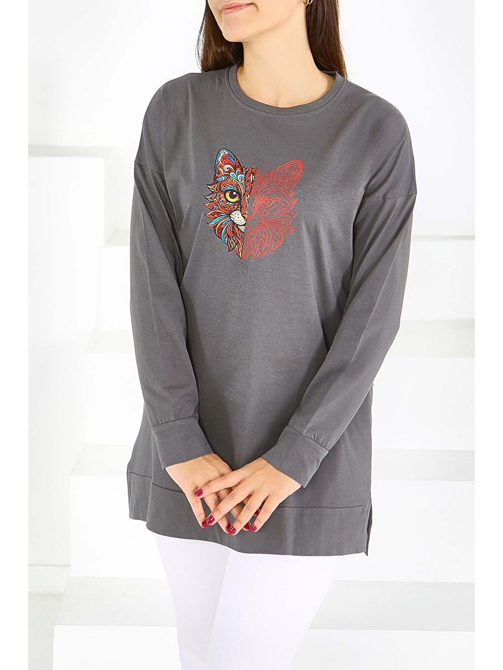 Gri Uzun Kollu Baskılı Süprem Tunik Füme - 27586-2